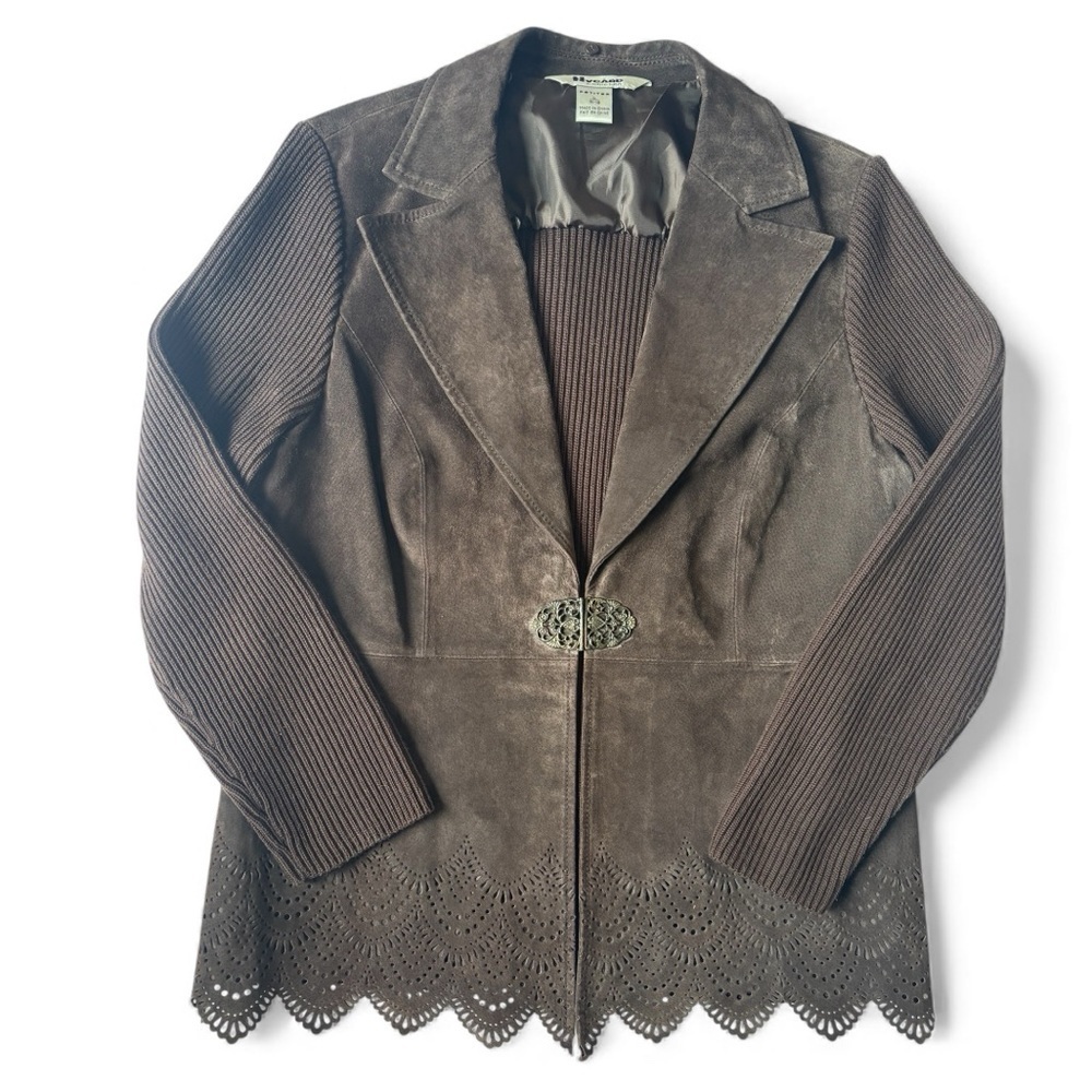 Nygard Collection Petites Faux Suede Knit Jacket Laser Cut Trim Brown L 14 16